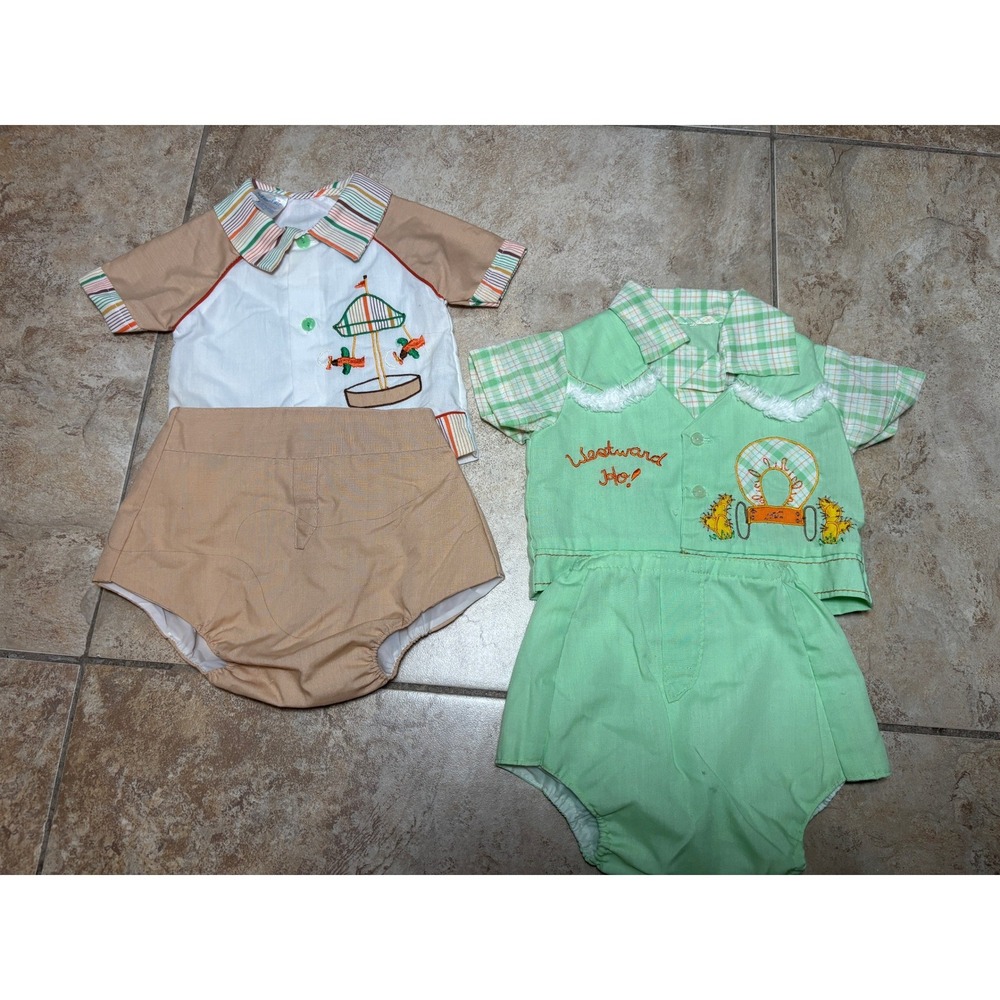 Vintage NB Baby Boy LotBaby Fair Carousel Westward Ho Wagon Bloomers 2 Sets